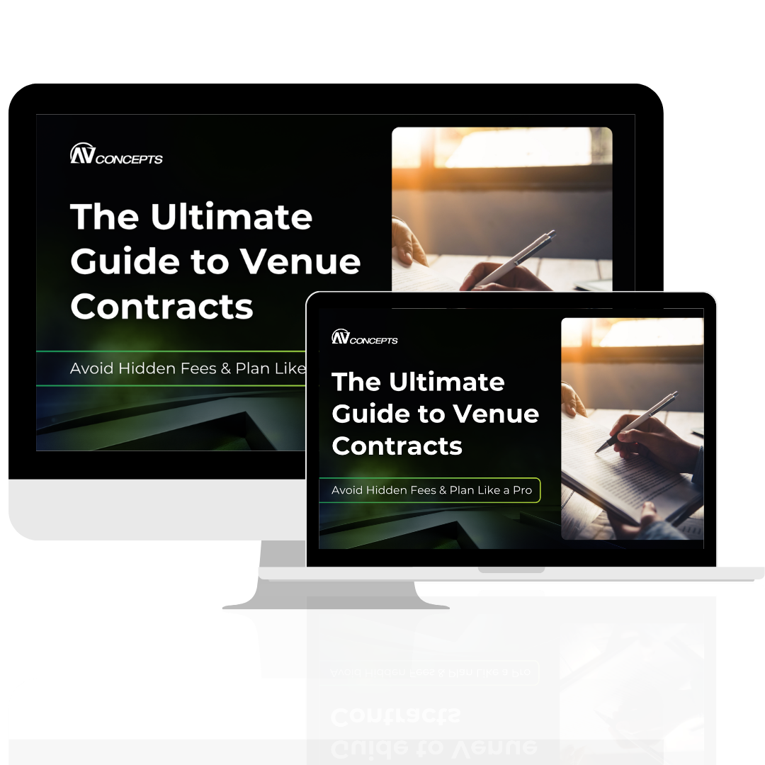 Person reading through venue contract to avoid hidden AV fees
